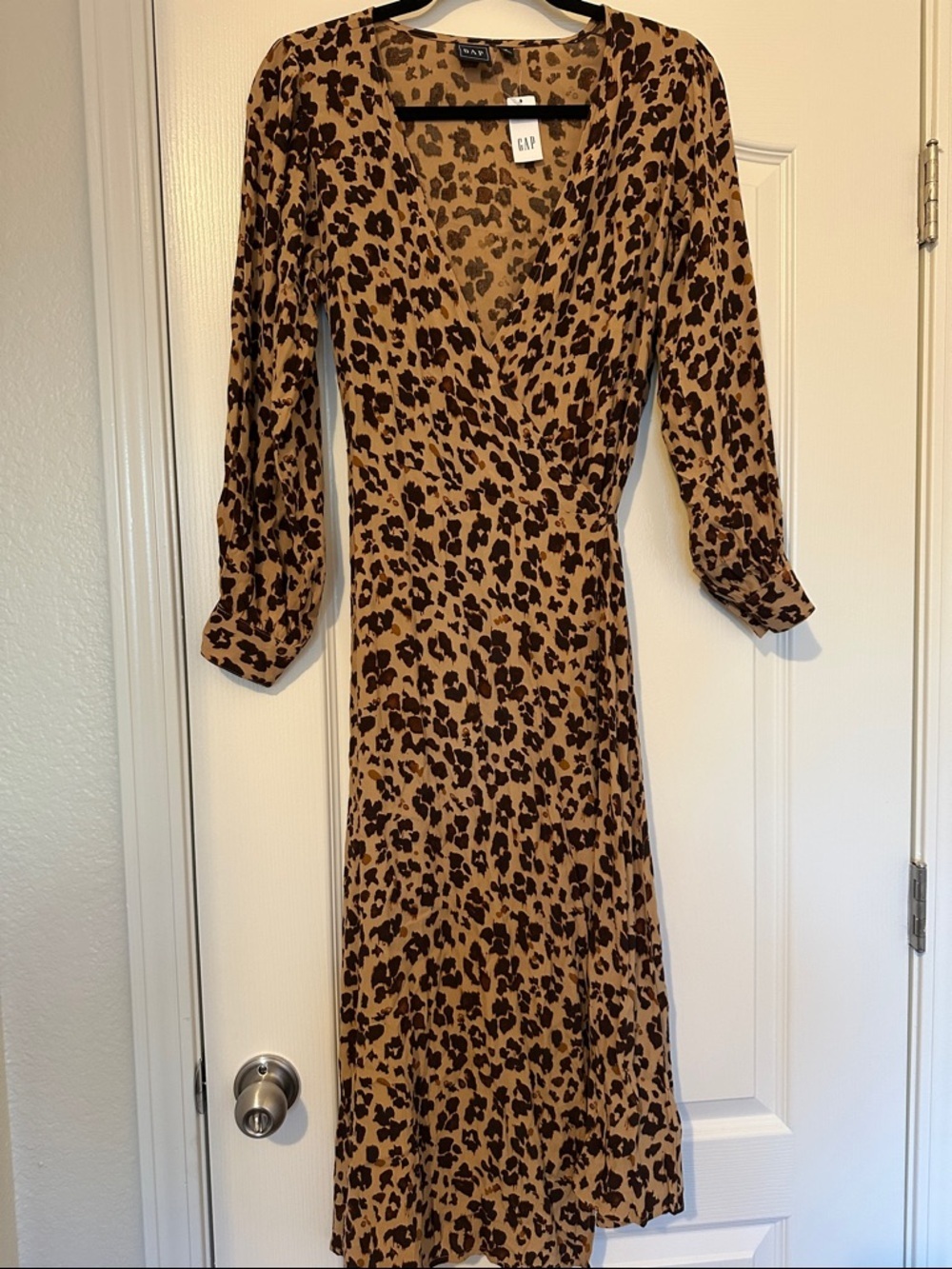 GAP Tan and Brown Leopard Print Long Sleeve Wrap Dress